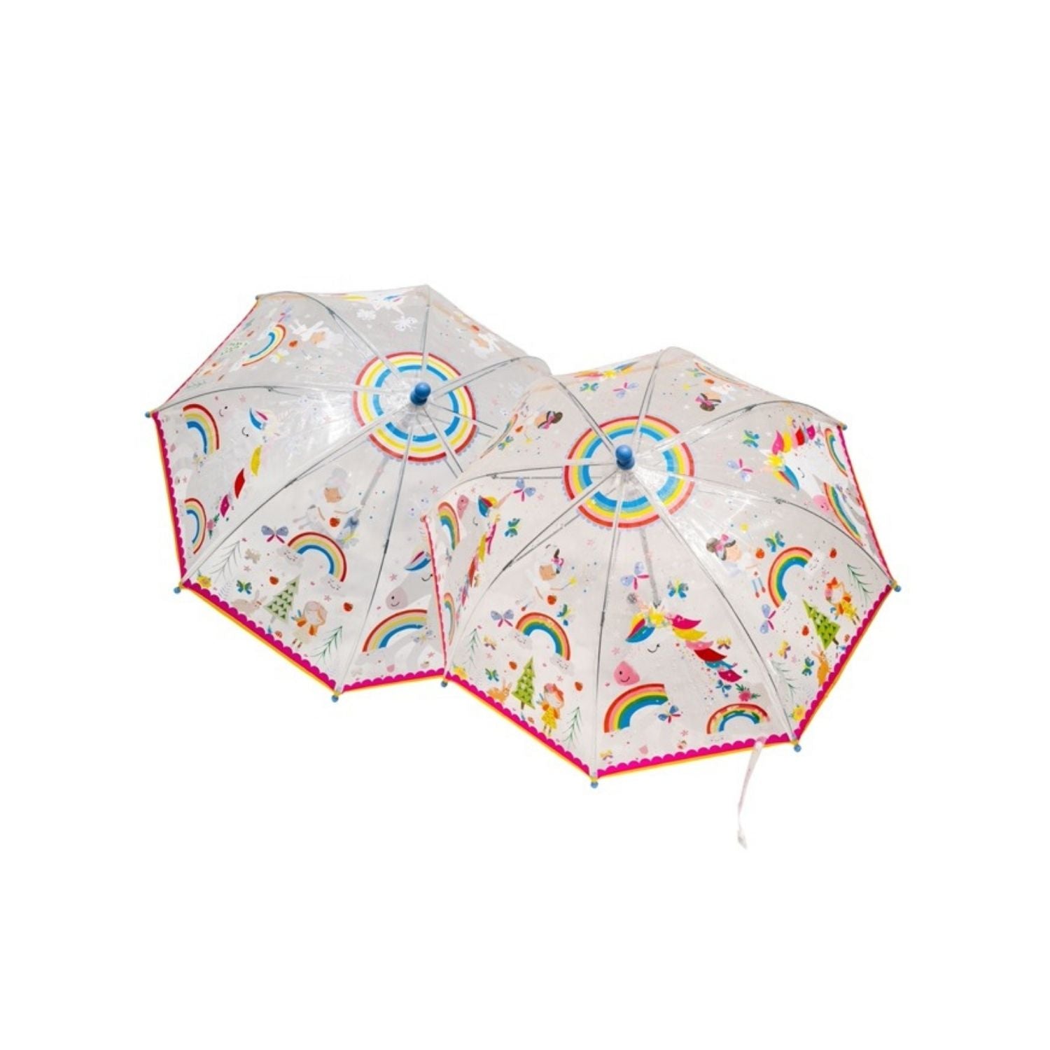 A transparent color changing umbrella with a Rainbow Fairy design, featuring colorful patterns that include rainbows and fairies, along with a velcro tie.