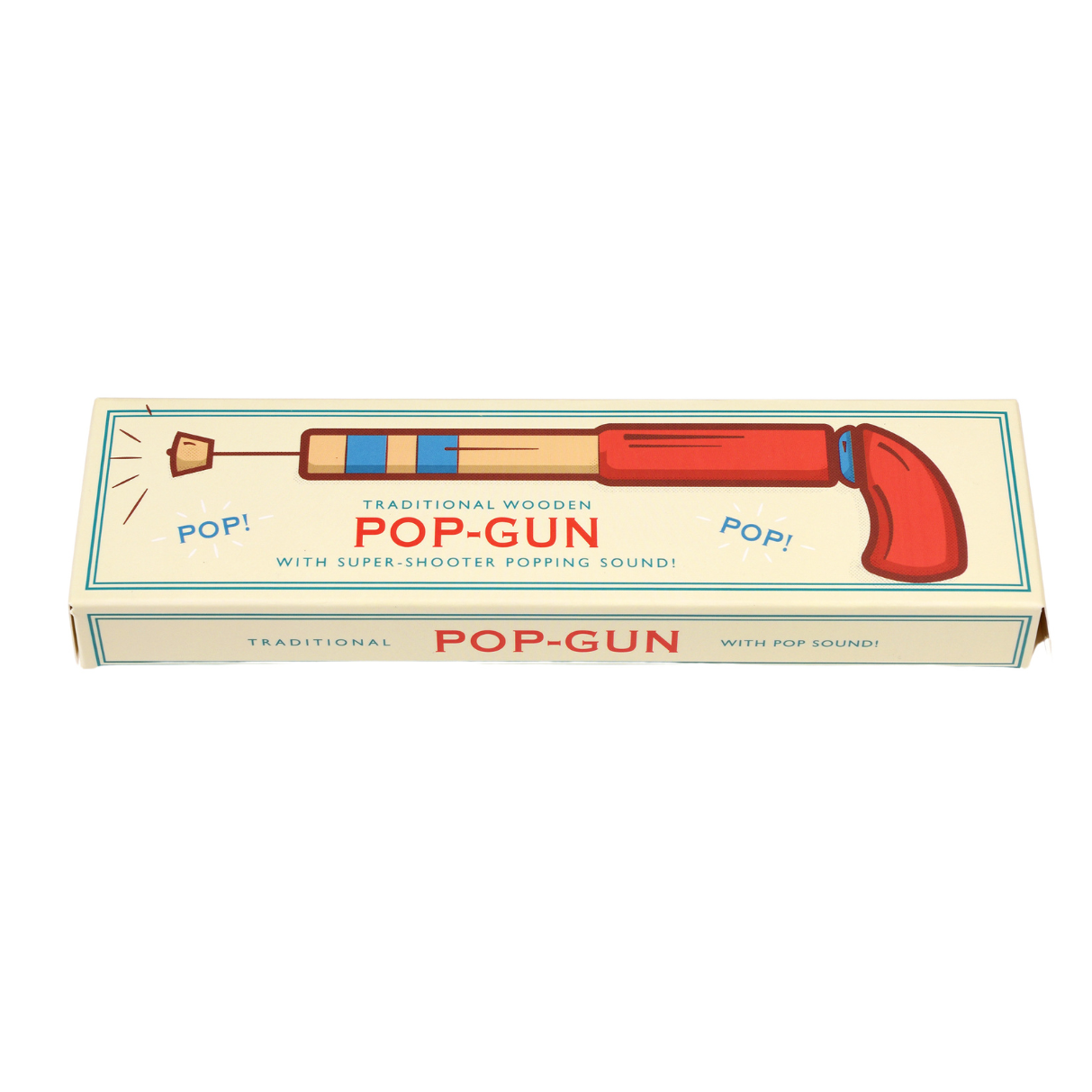 Box of a traditional wooden pop-gun with a red handle on a white background