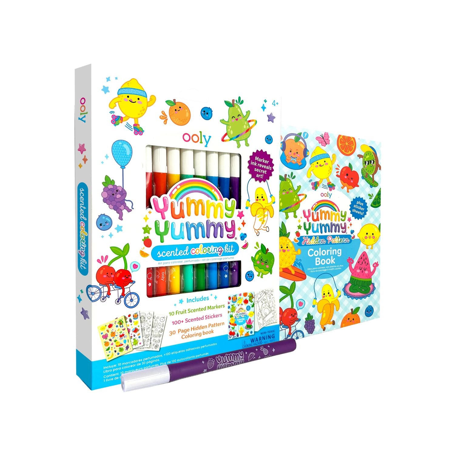 Scented colouring kit featuring ten fruit-scented markers, over one hundred stickers, and a hidden pattern book. A non-toxic activity set for ages four plus.