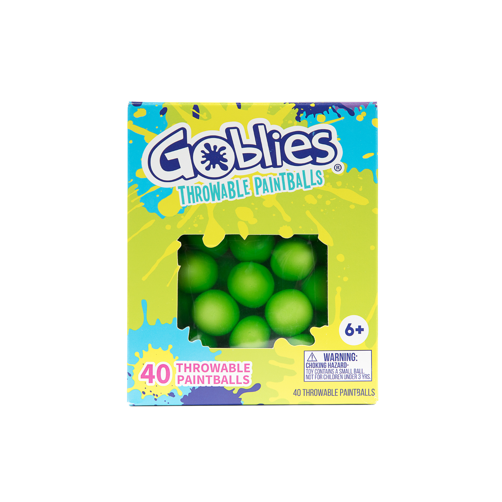 A package of Goblies Throwable Paintballs in green color, with the product visible through a window on the box. The packaging is vibrant with splashes of green and yellow, and text indicates the product is suitable for ages 6 and up, and includes 40 paintball
