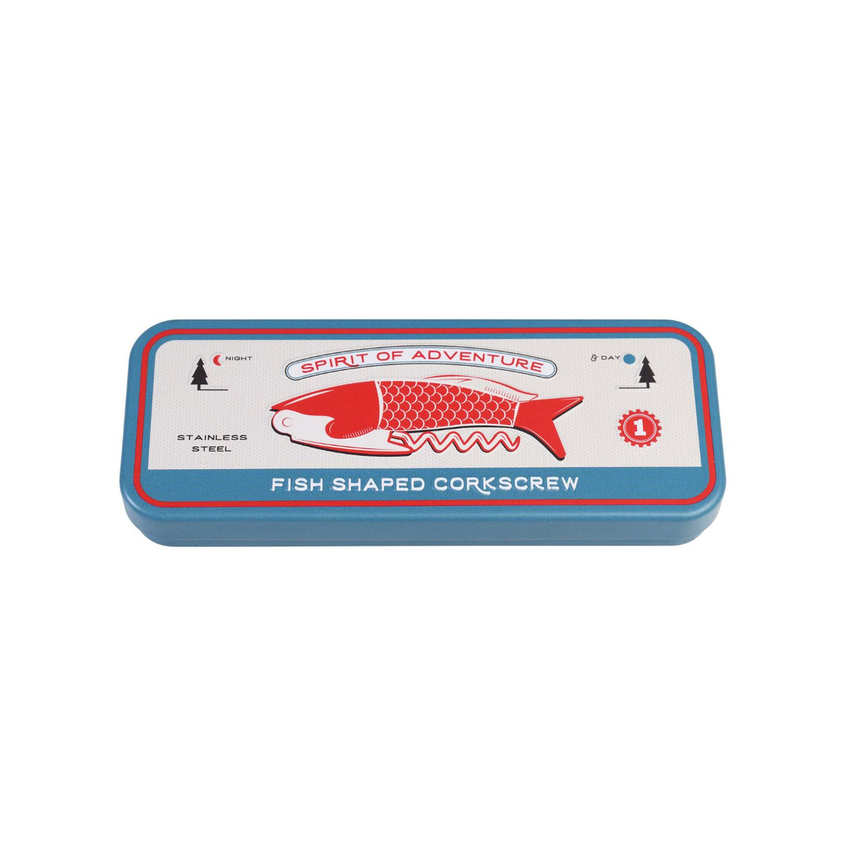 Fish-shaped corkscrew in a tin with 'Spirit of Adventure' text on a white background