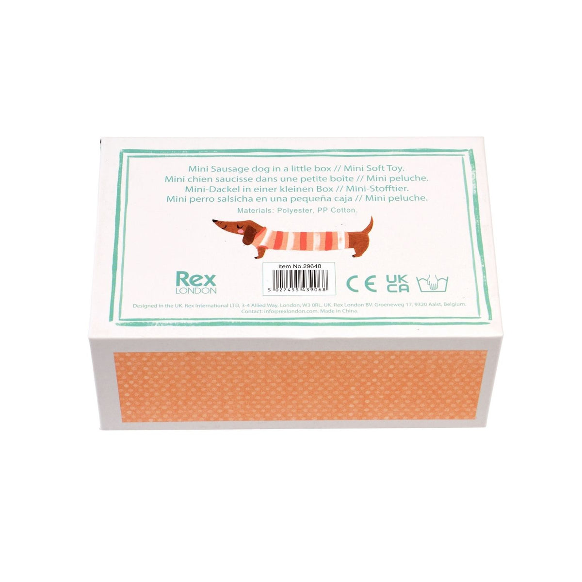 Box with a sausage dog illustration and 'Rex' branding on a white background