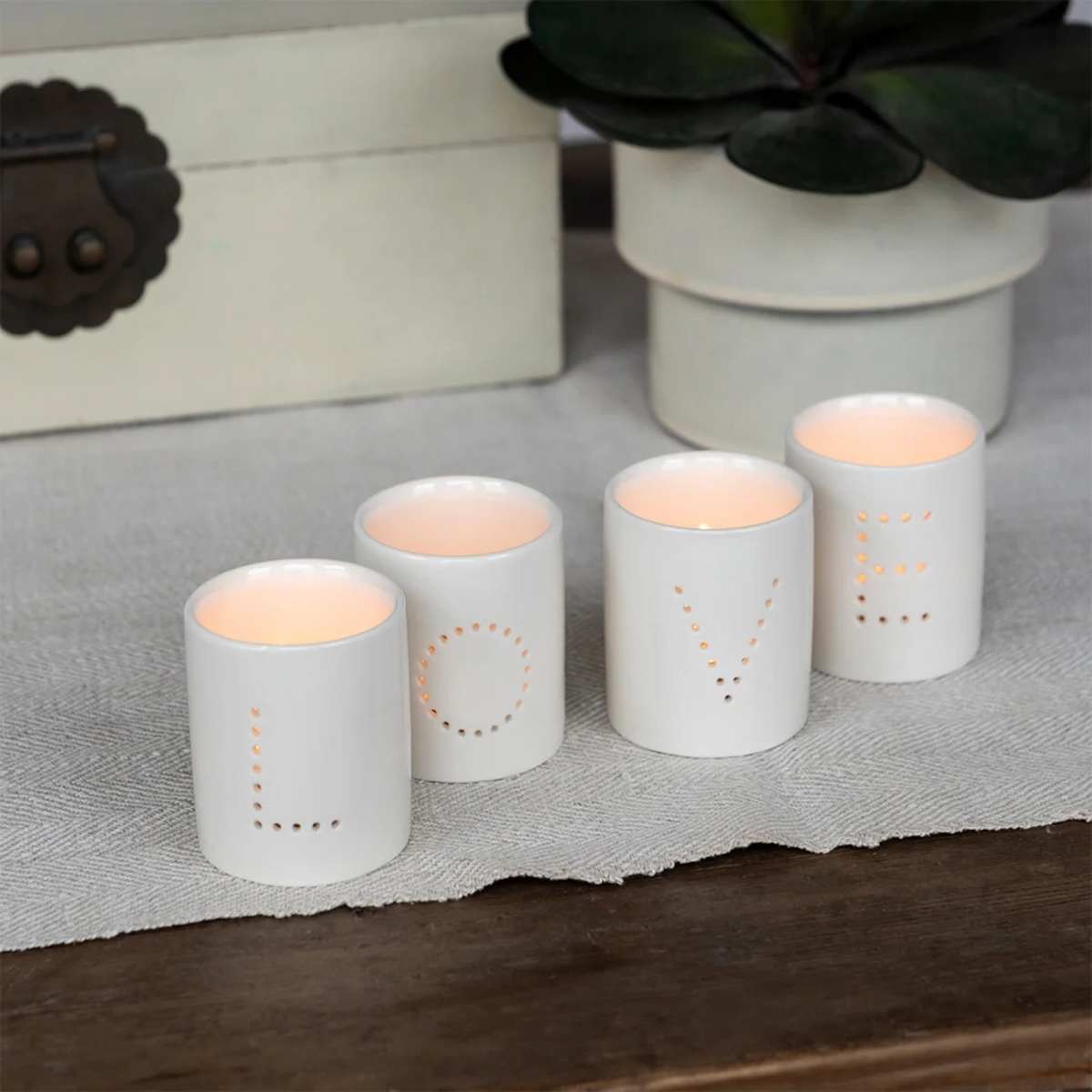 Glossy Ceramic Love Tealight Candle Holders (Set Of 4)