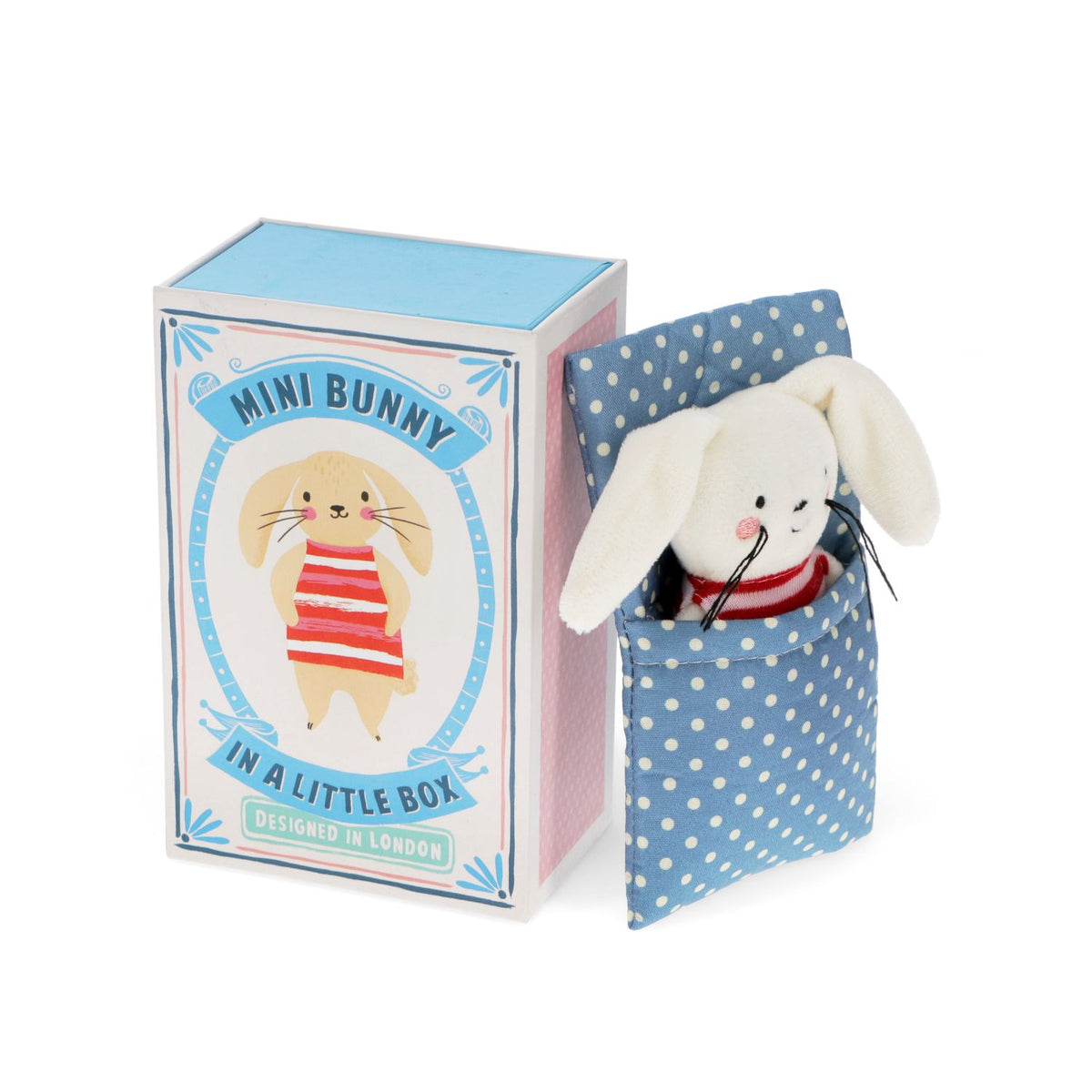 Plush bunny in a blue polka dot box with packaging labeled 'Mini Bunny in a Little Box'.