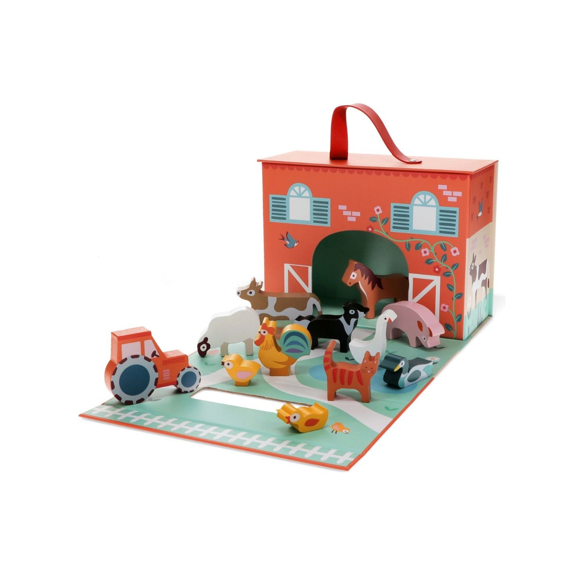 Children's toy set with farm animals and a barn-shaped box on a white background