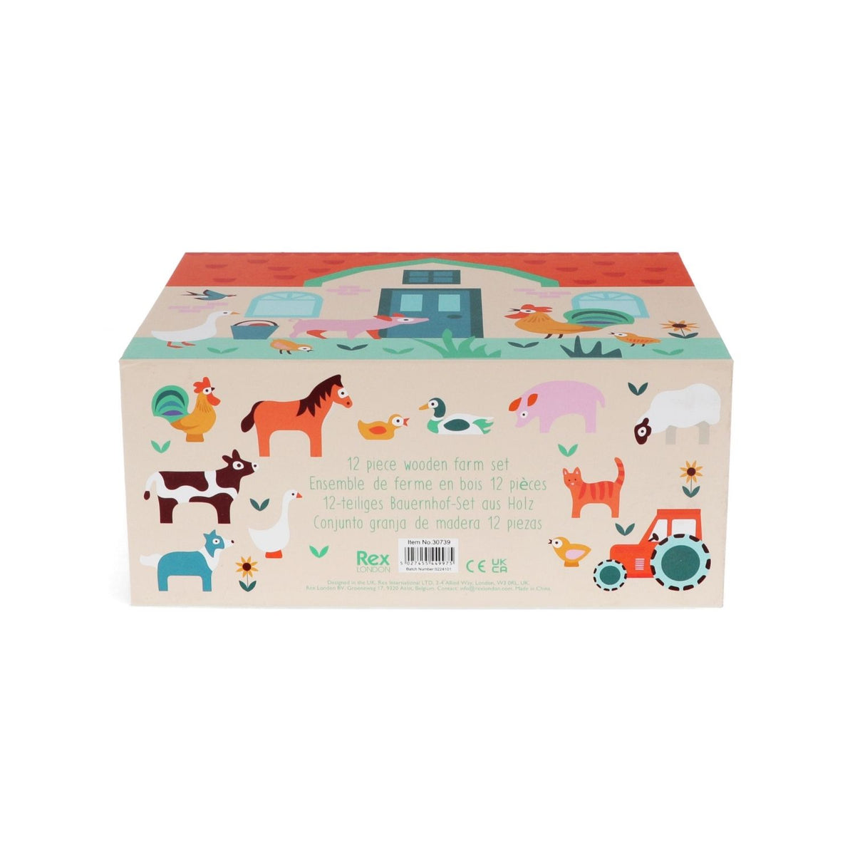 Children's toy box with farm-themed illustrations on a white background