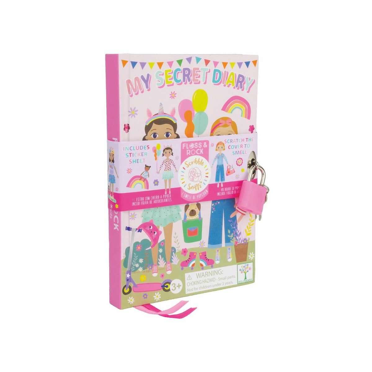 A colorful children's diary titled 'My Scented Secret Diary' with illustrations of dolls and a scratch and sniff cover, accompanied by a padlock and key, and a sticker sheet.