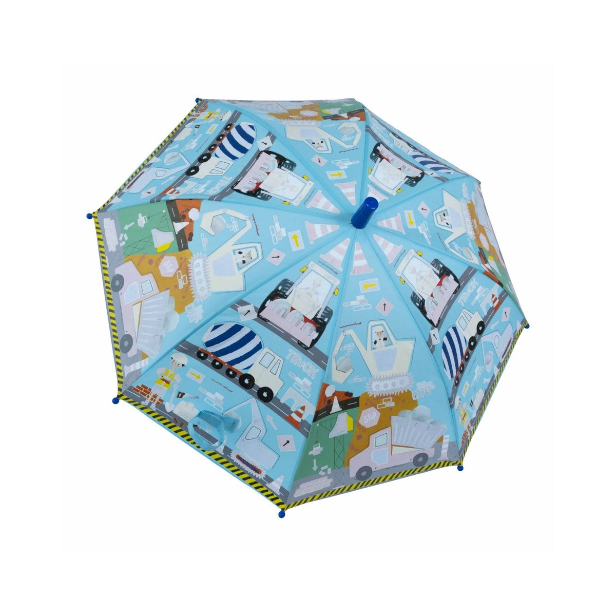 A children's umbrella with a construction theme, featuring illustrations of builders, trucks, and diggers. It is designed to change color when it rains.