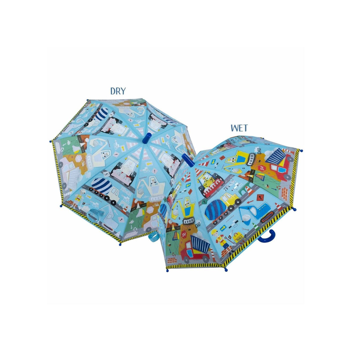 A children's umbrella with a construction theme, featuring illustrations of builders, trucks, and diggers. It is designed to change color when it rains.