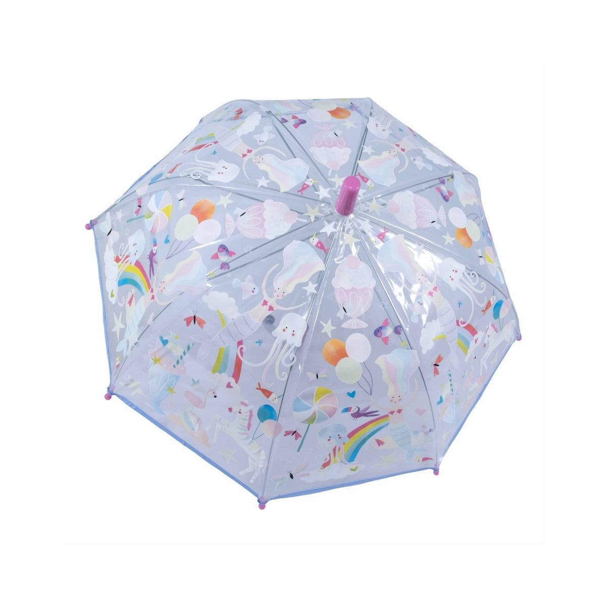 A transparent children's umbrella with colorful animal and fantasy character illustrations, featuring a rainbow, mermaids, and other elements.