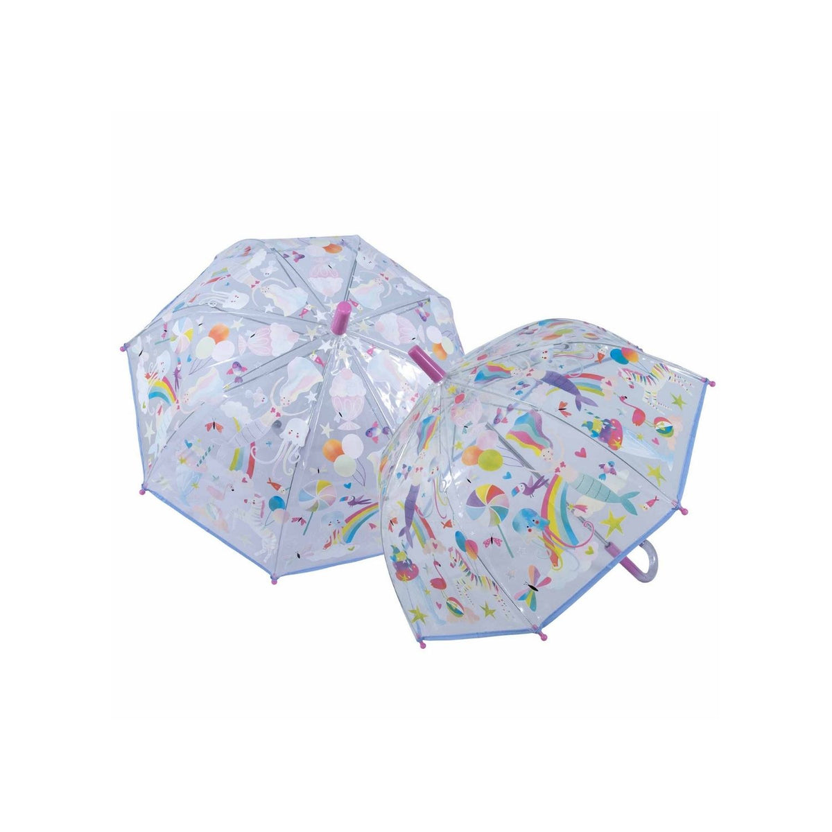 A transparent children's umbrella with colorful animal and fantasy character illustrations, featuring a rainbow, mermaids, and other elements.