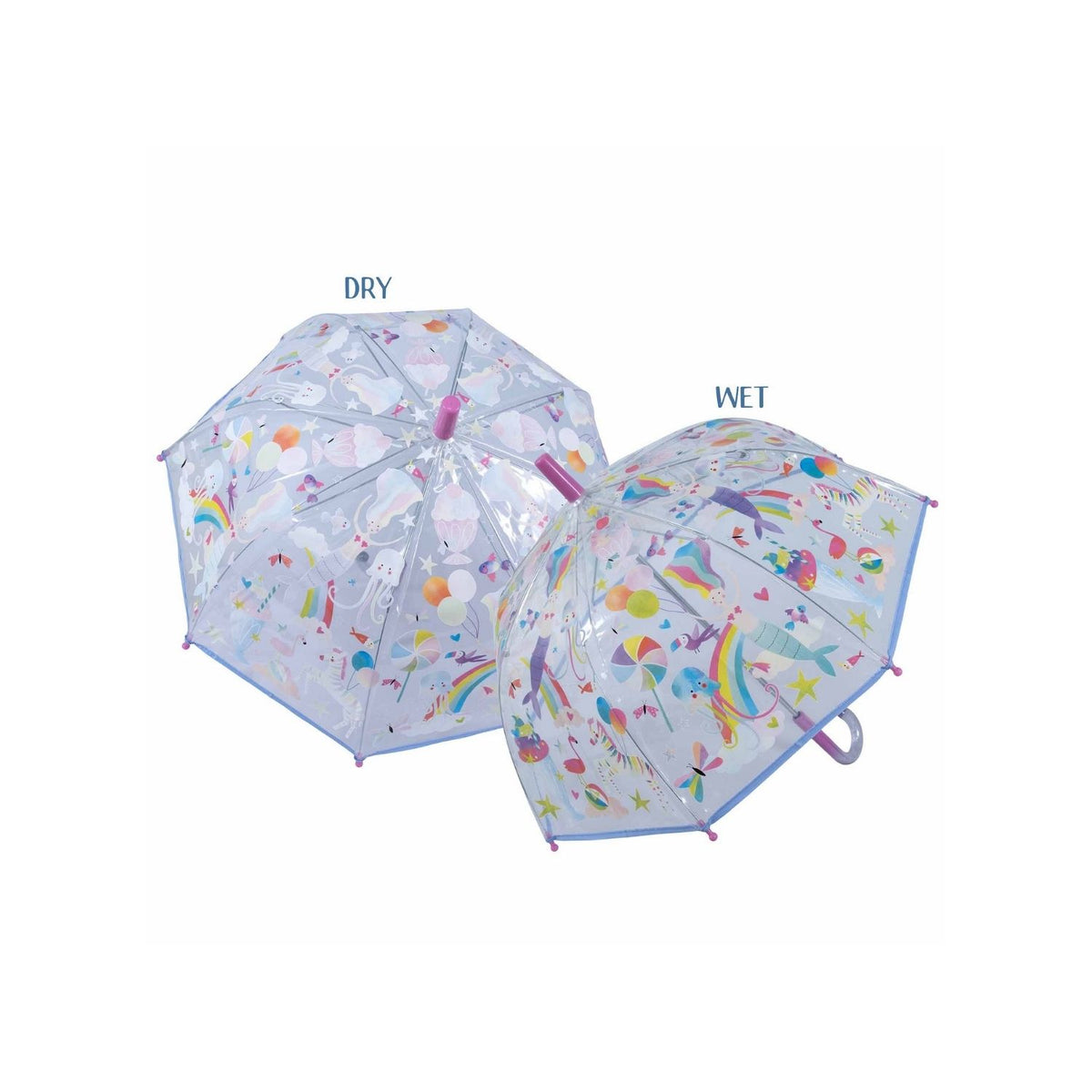 A transparent children's umbrella with colorful animal and fantasy character illustrations, featuring a rainbow, mermaids, and other elements. Showing dry and wet version of the umbrella