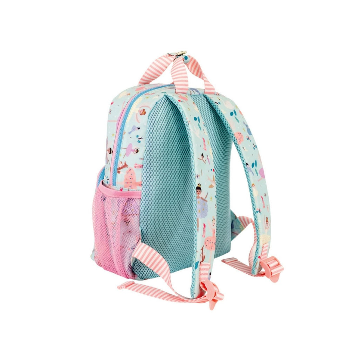 Children's backpack with pink and blue design on a white background