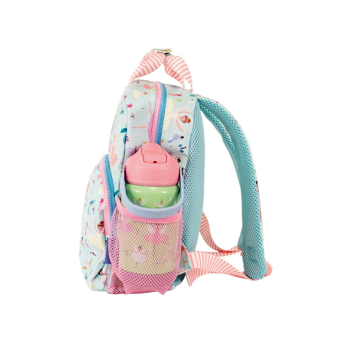 Children's backpack with a toy and water bottle on a white background