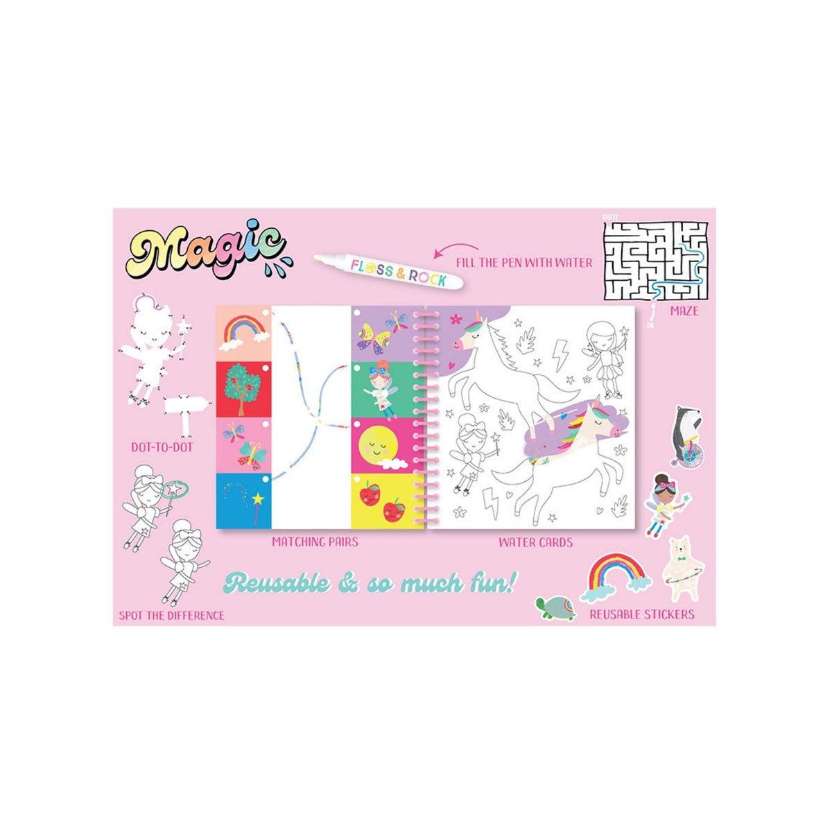Pink activity book with various educational games on a white background