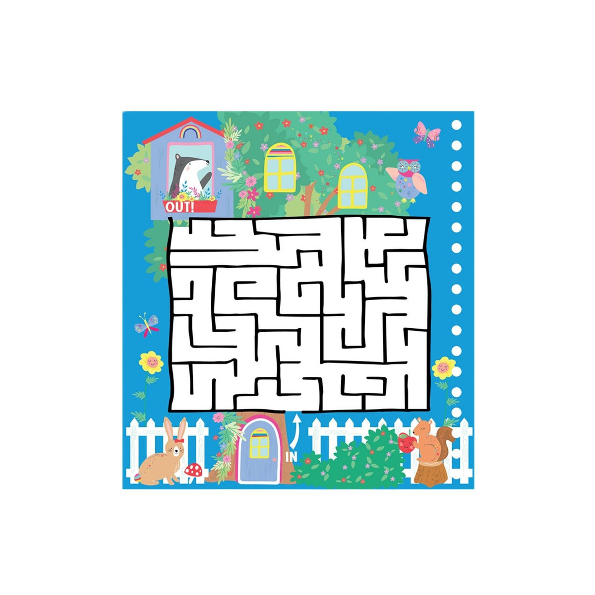 Children's maze game with cartoon animals and colorful border on a white background