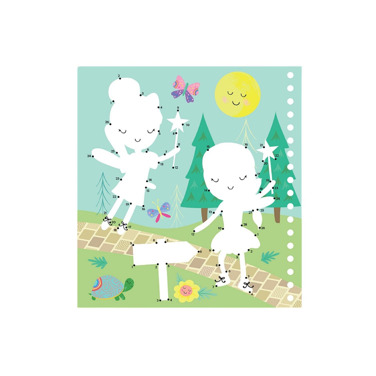 Illustration of two white figures in a forest with trees, butterflies, and a sun.