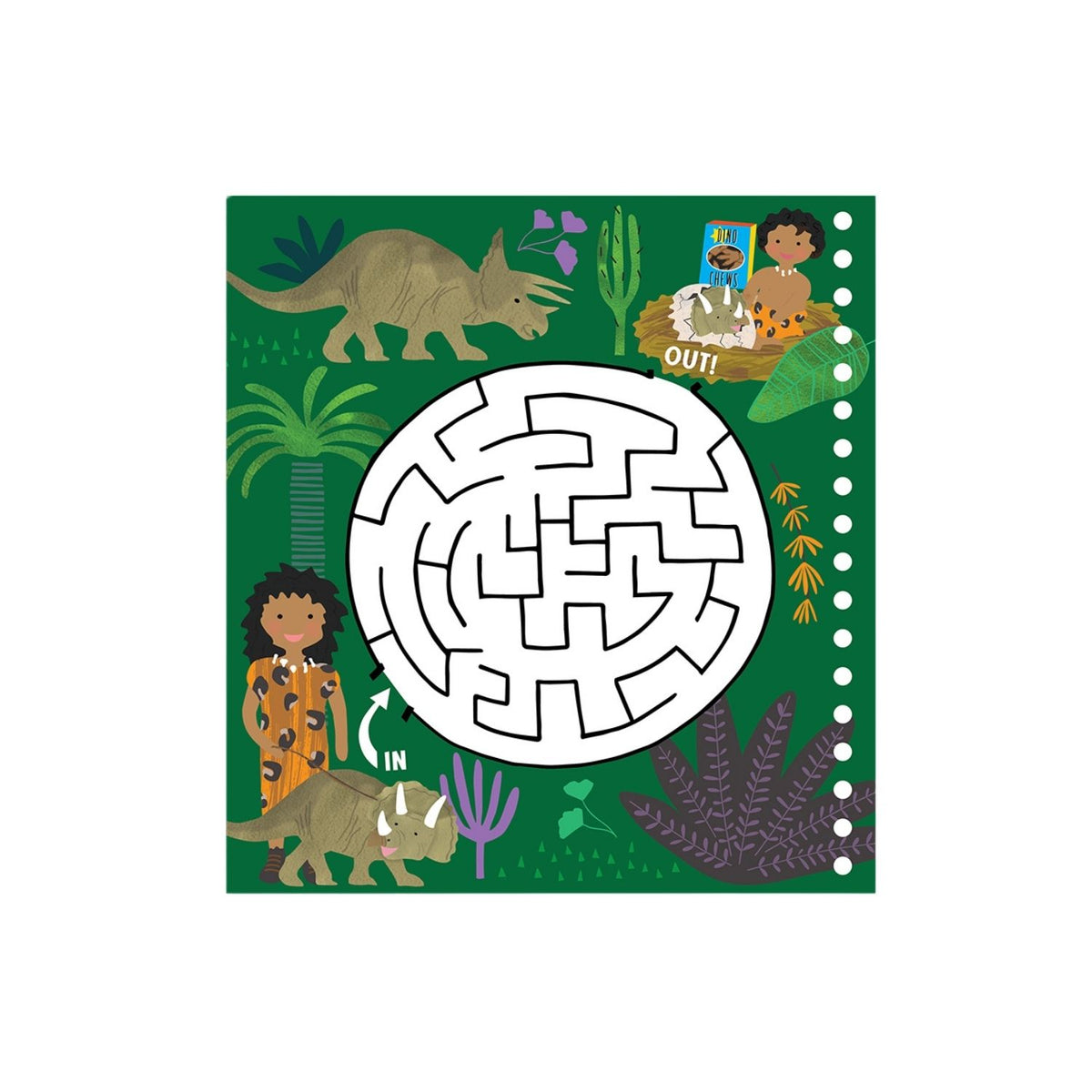 Children's activity book with a maze and dinosaur illustrations on a green background