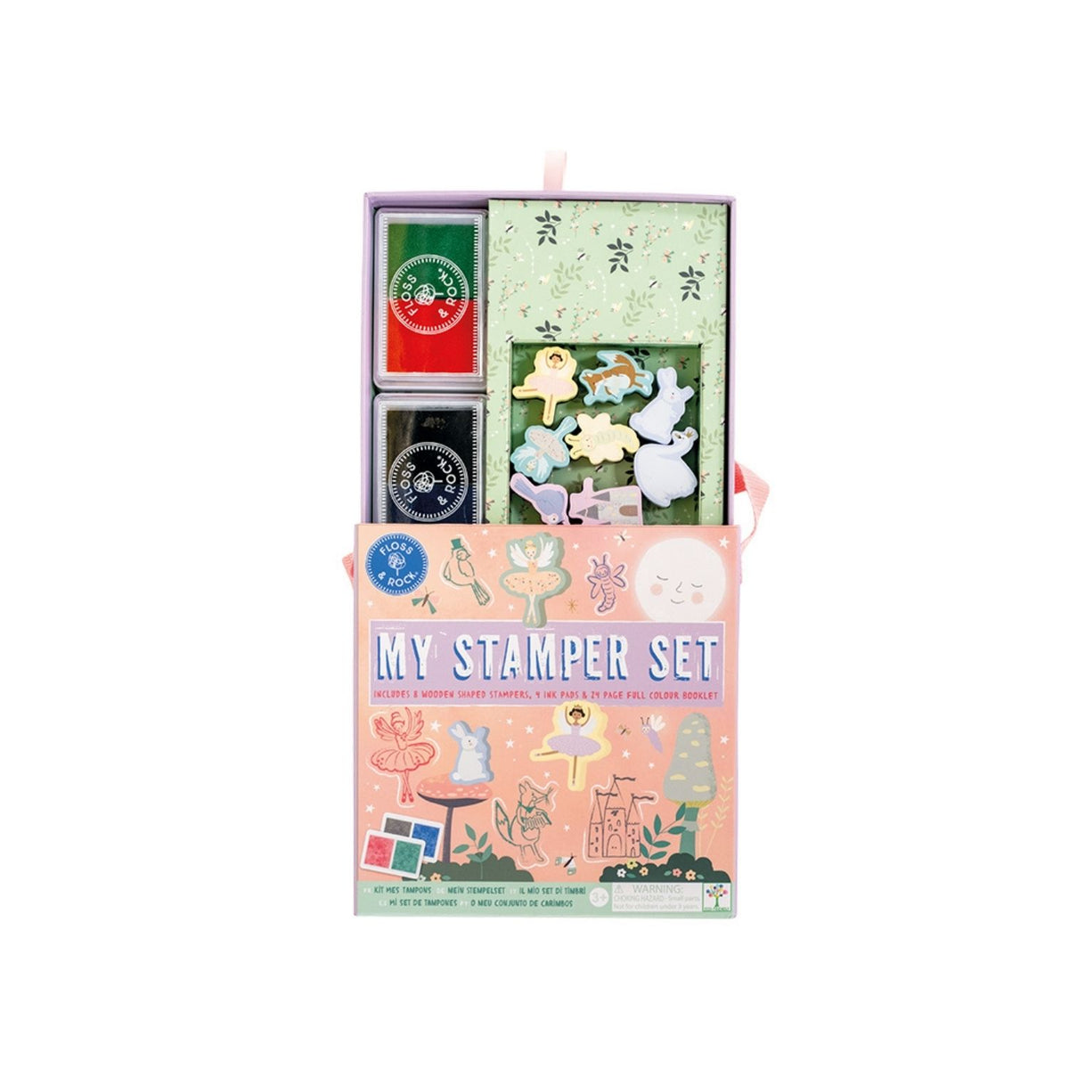 A 'My Stamper Set' by Floss & Rock, which includes a variety of wooden stampers, colored ink pads, and a story booklet, packaged in a pink and green box with a carry handle.