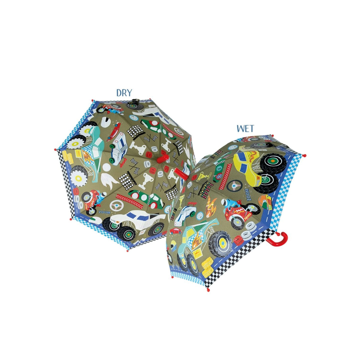 A color changing umbrella with a pattern of cars, motorbikes, and monster trucks in vibrant colors. Showing the umbrella when it is wet and dry