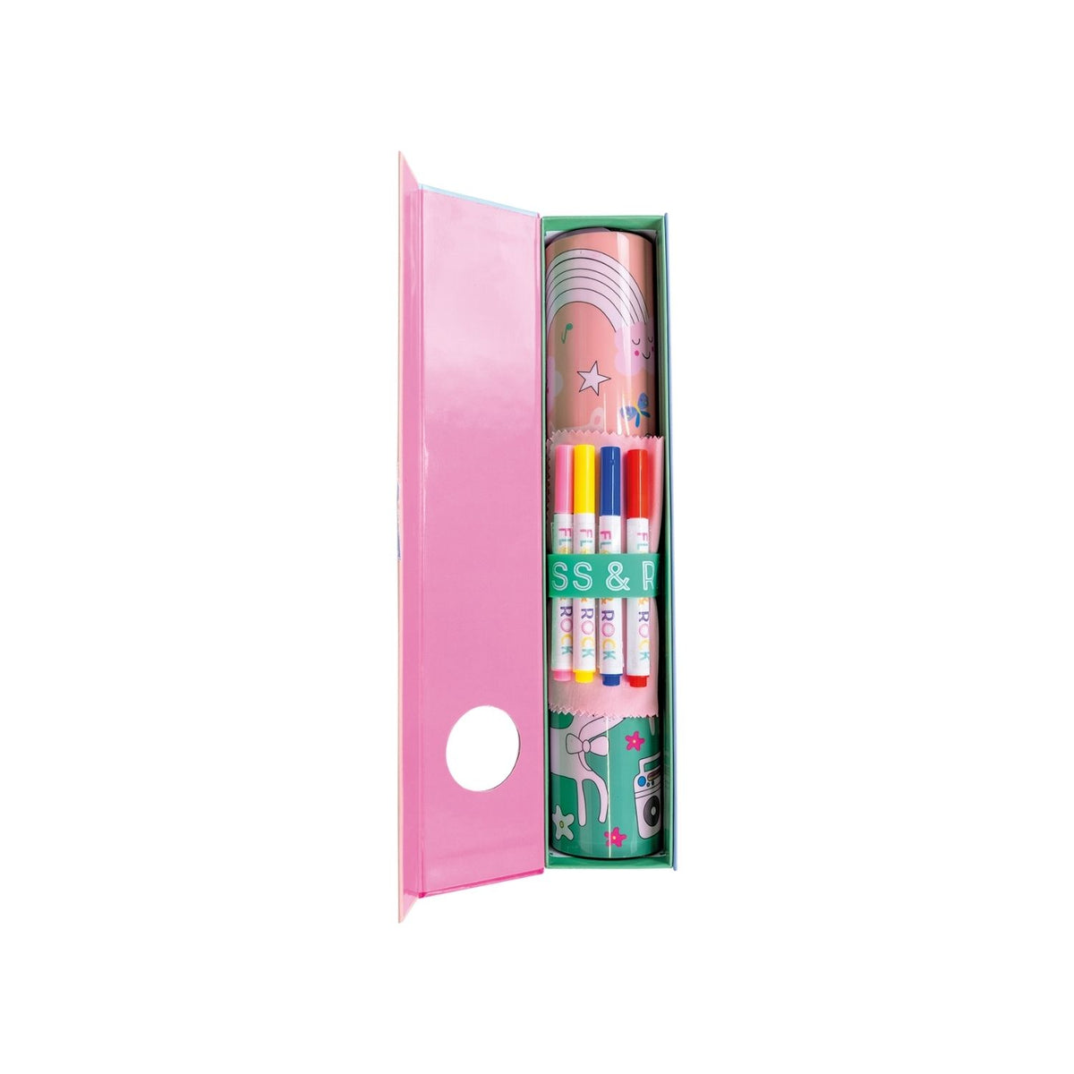 Packaging of a Colouring Fun & Games Mat with a Rainbow Fairy theme, including illustrations of fairies and animals. The mat is designed for coloring and includes dry wipe pens and a cleaning cloth.