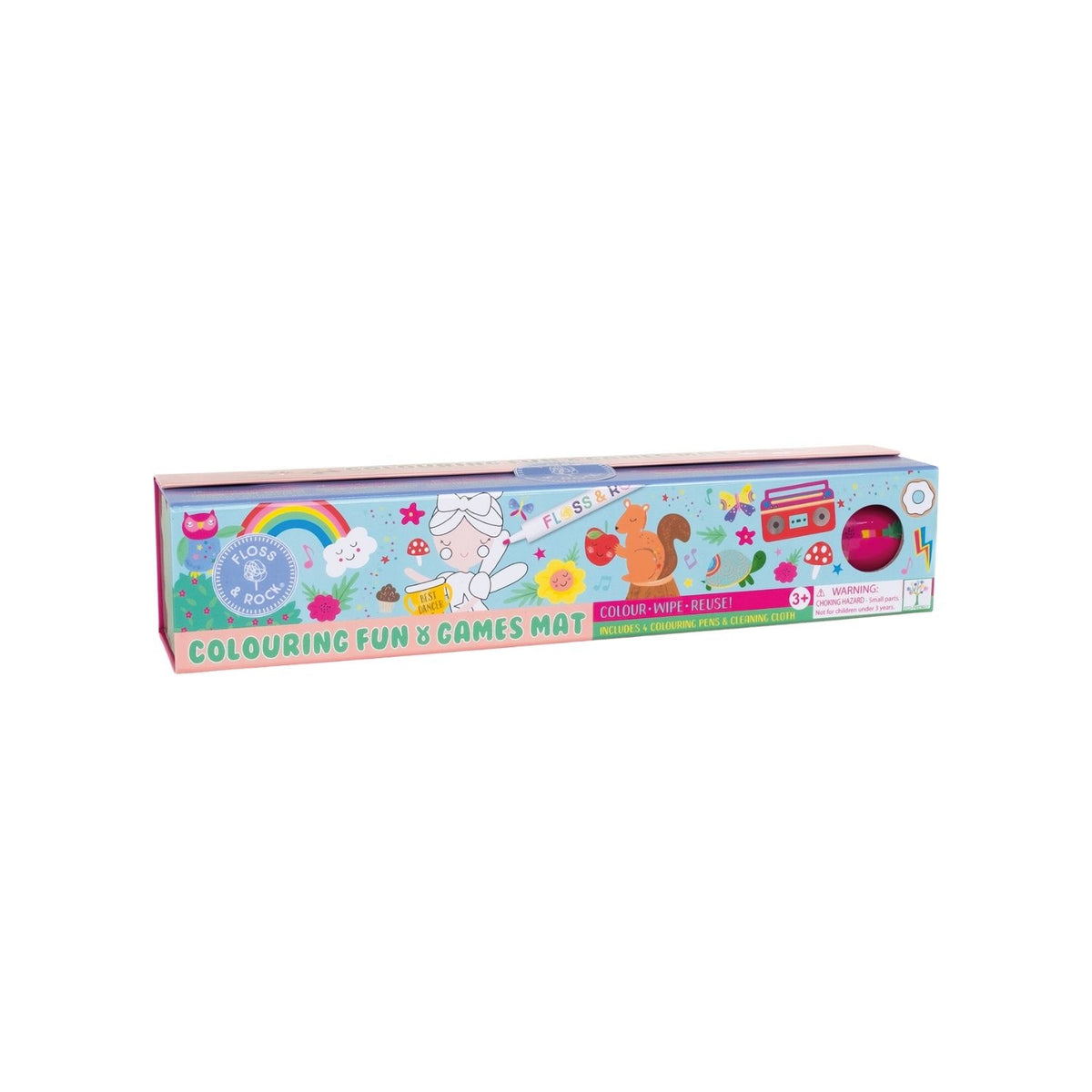 Packaging of a Colouring Fun & Games Mat with a Rainbow Fairy theme, including illustrations of fairies and animals. The mat is designed for coloring and includes dry wipe pens and a cleaning cloth.