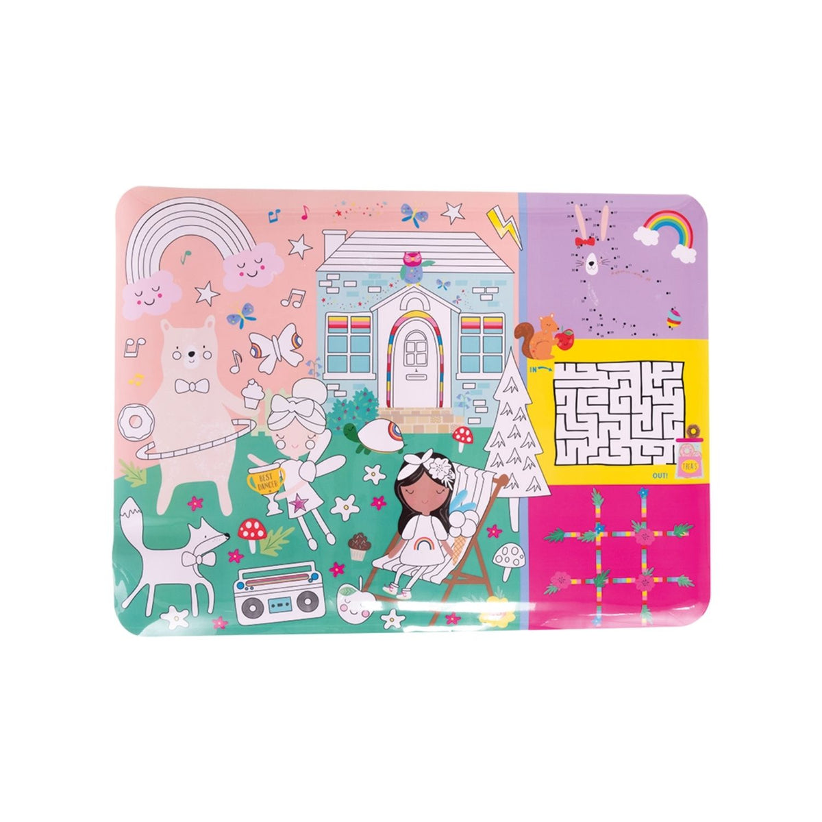 Packaging of a Colouring Fun & Games Mat with a Rainbow Fairy theme, including illustrations of fairies and animals. The mat is designed for coloring and includes dry wipe pens and a cleaning cloth.