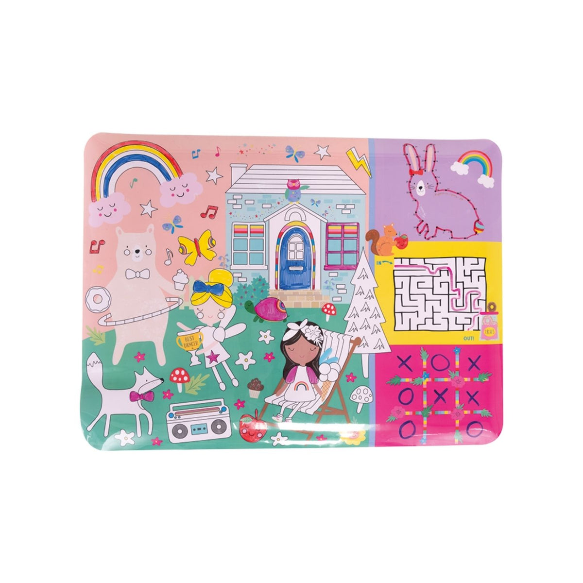 Packaging of a Colouring Fun & Games Mat with a Rainbow Fairy theme, including illustrations of fairies and animals. The mat is designed for coloring and includes dry wipe pens and a cleaning cloth.
