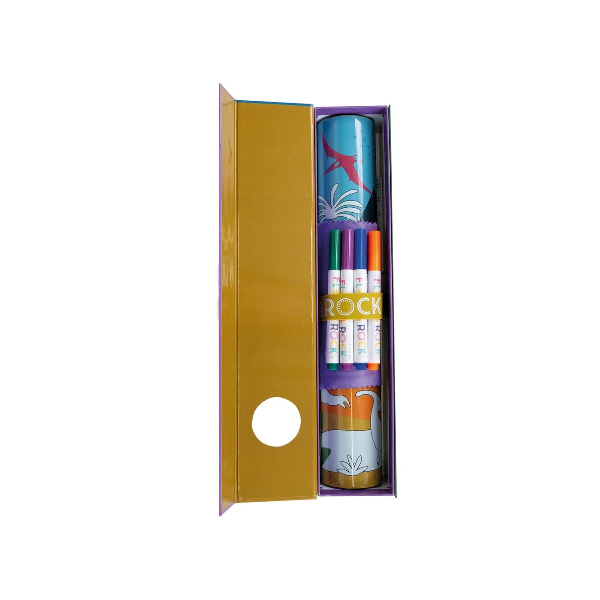 Packaging of a Colouring Fun and Games Mat with a dinosaur theme, including 4 color dry wipe pens and a cleaning cloth.