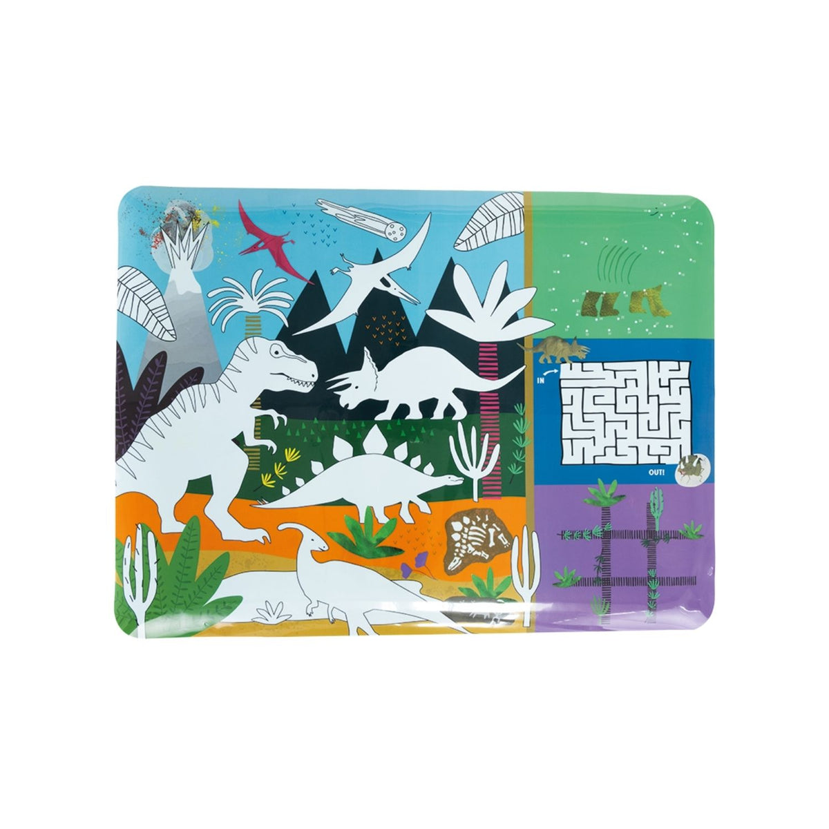 Packaging of a Colouring Fun and Games Mat with a dinosaur theme, including 4 color dry wipe pens and a cleaning cloth.