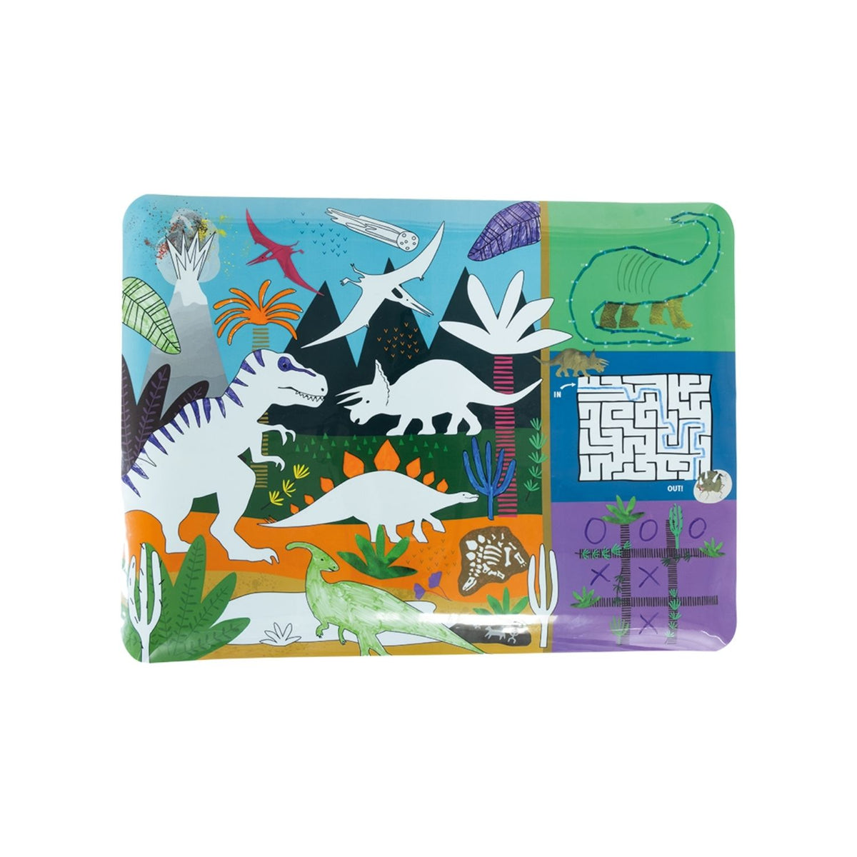 Packaging of a Colouring Fun and Games Mat with a dinosaur theme, including 4 color dry wipe pens and a cleaning cloth.