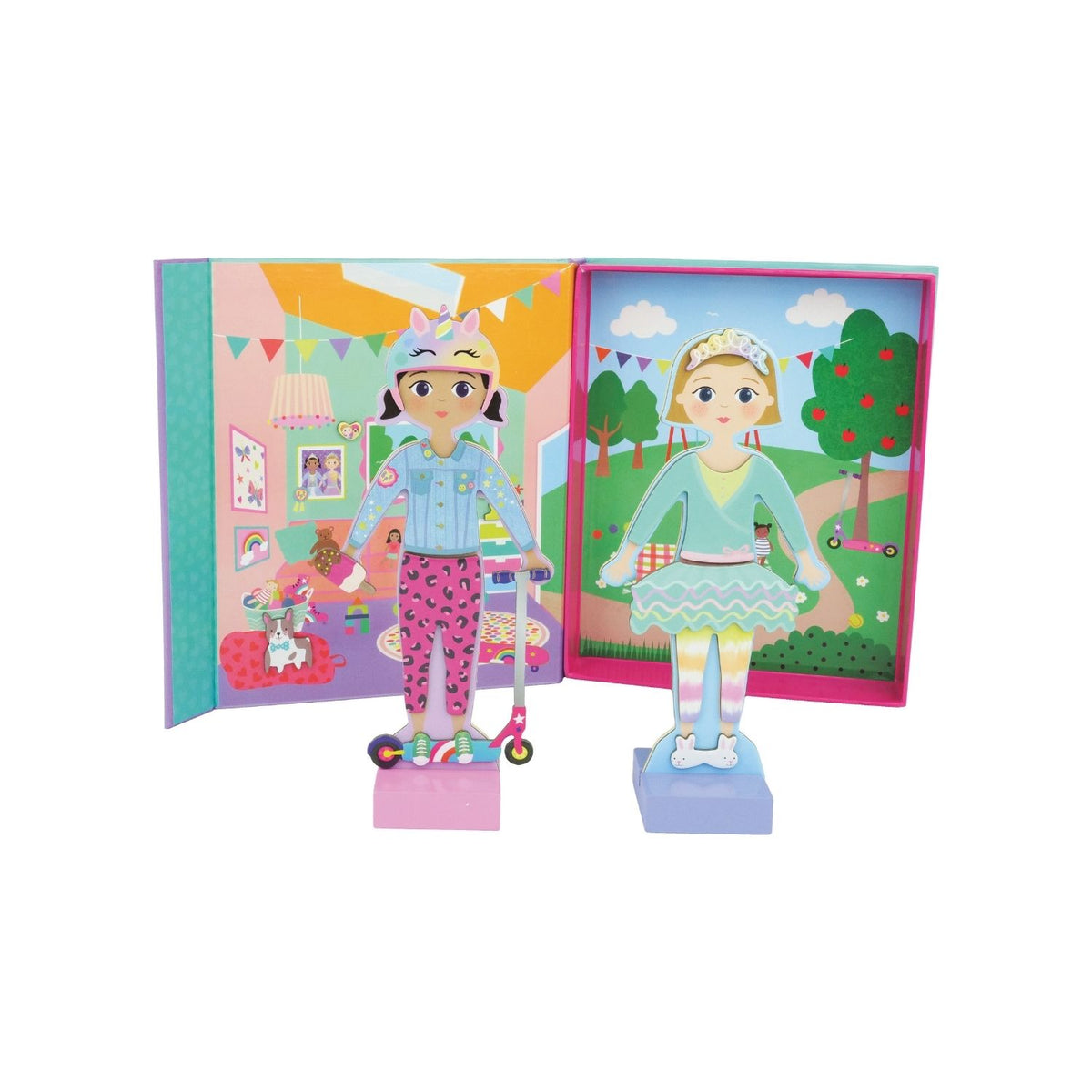 Box of Magnetic Dress up dolls, Best Friends from Floss & Rock open with Dolls on stands in front