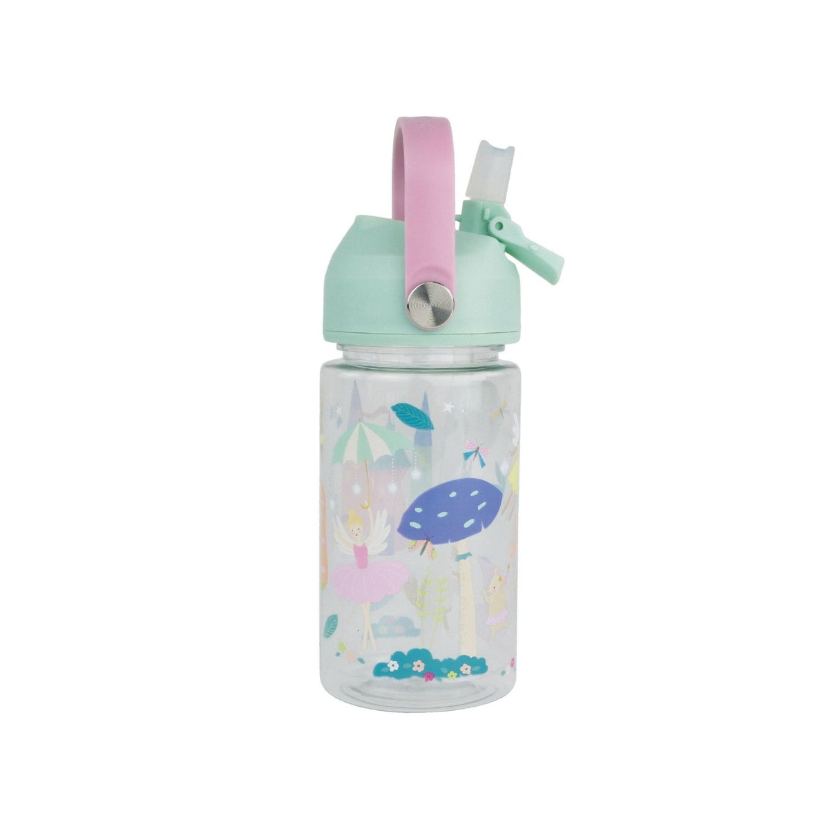 A 450ml Tritan drinks bottle with a pastel green lid, pink carry handle, and illustrated with fairies in a floral setting.