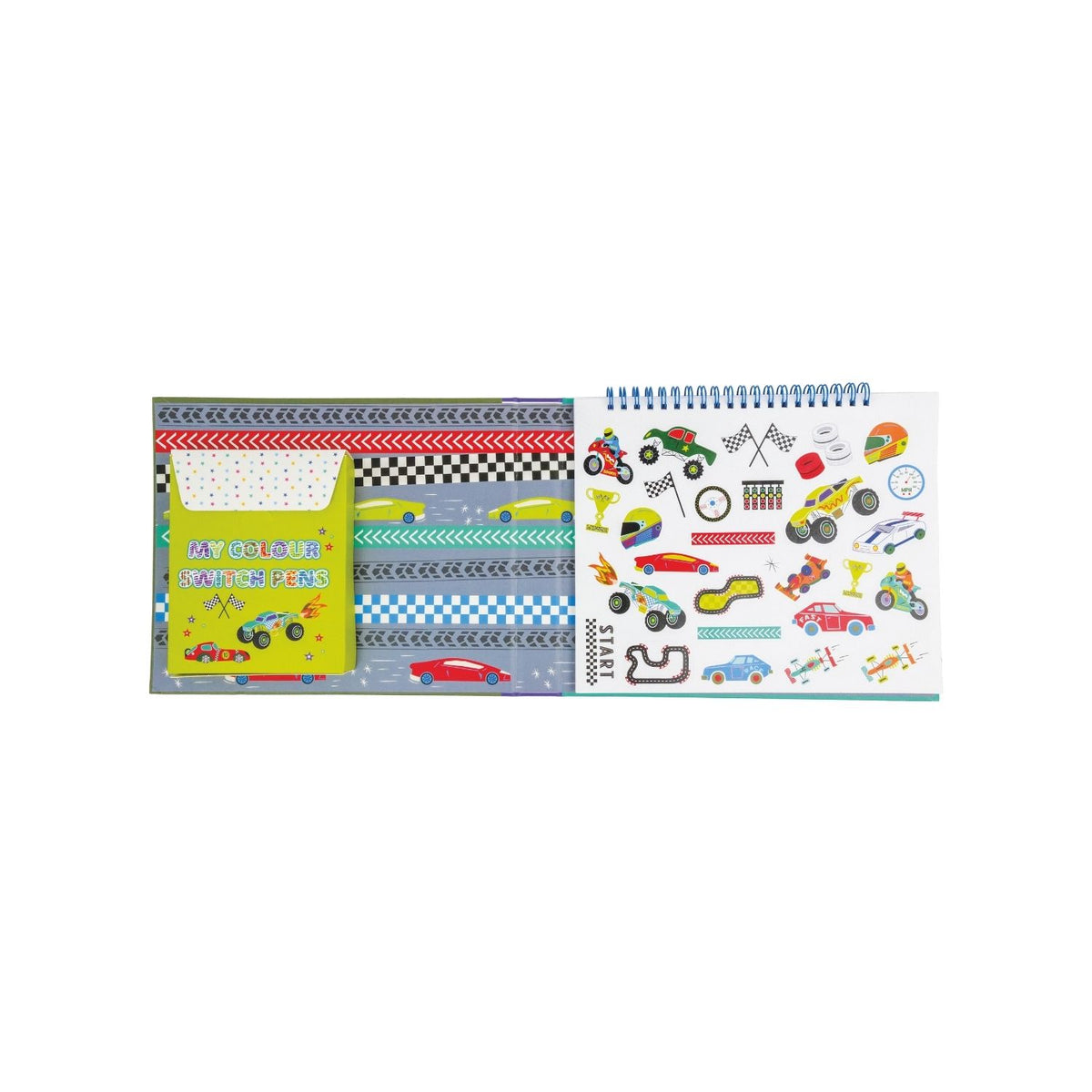 A colorful package containing art supplies including a magic white pen, colored pens, doodle pages, color-in pages, lined pages, and sticker pages, themed around cars.