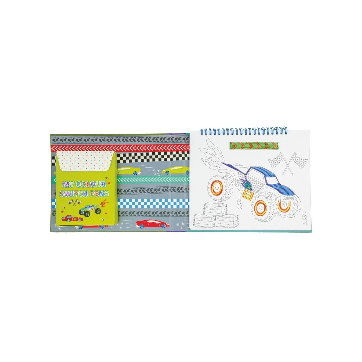 A colorful package containing art supplies including a magic white pen, colored pens, doodle pages, color-in pages, lined pages, and sticker pages, themed around cars.