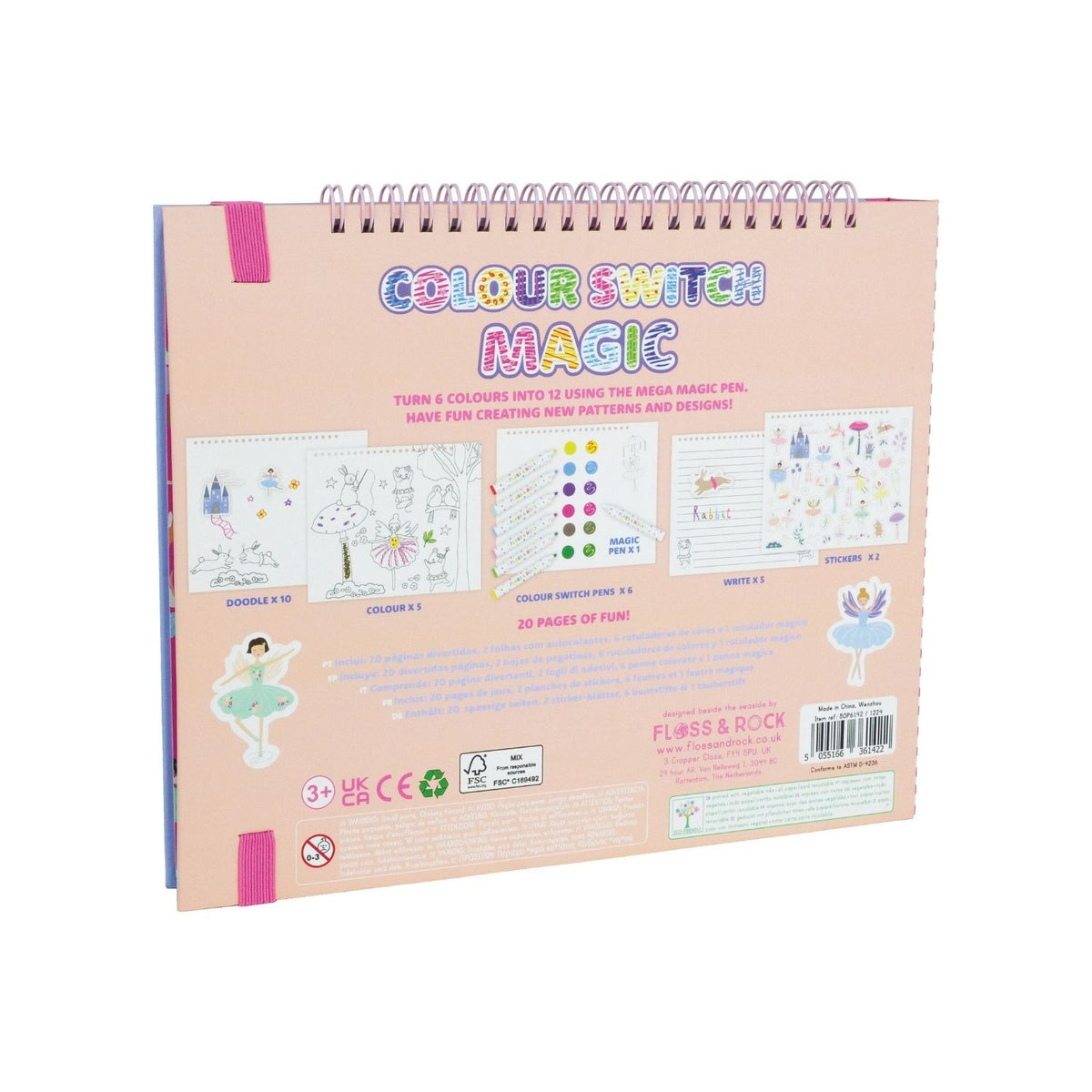 A colorful art and craft activity book titled 'Colour Switch Magic' featuring illustrations of fairies and various craft elements, with a magic white pen included.