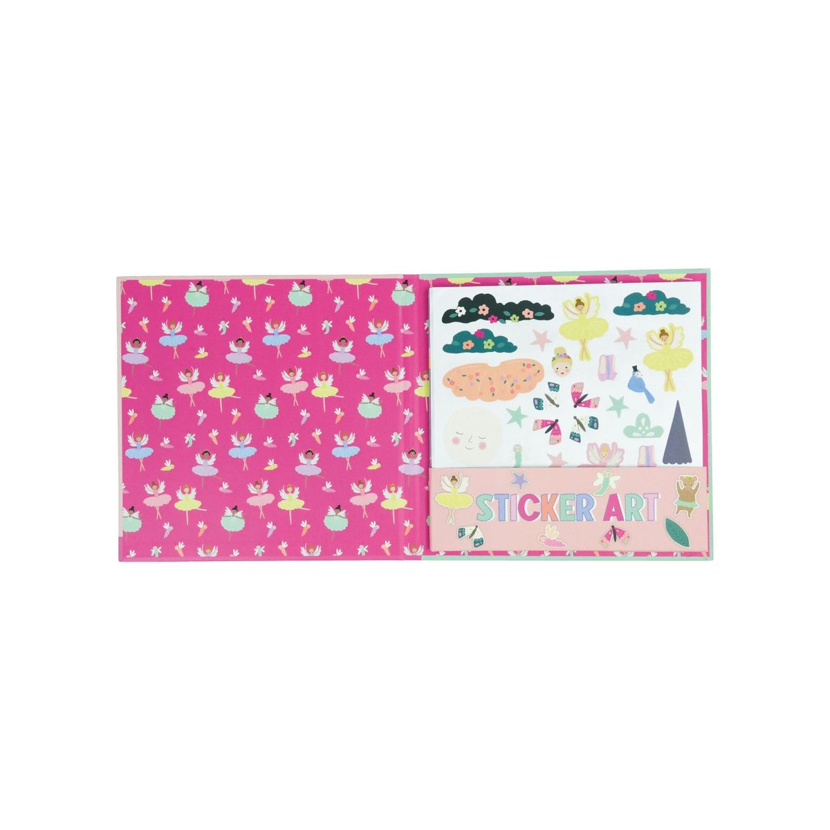 A sticker art book for children with illustrations of fairies and flowers on the cover.