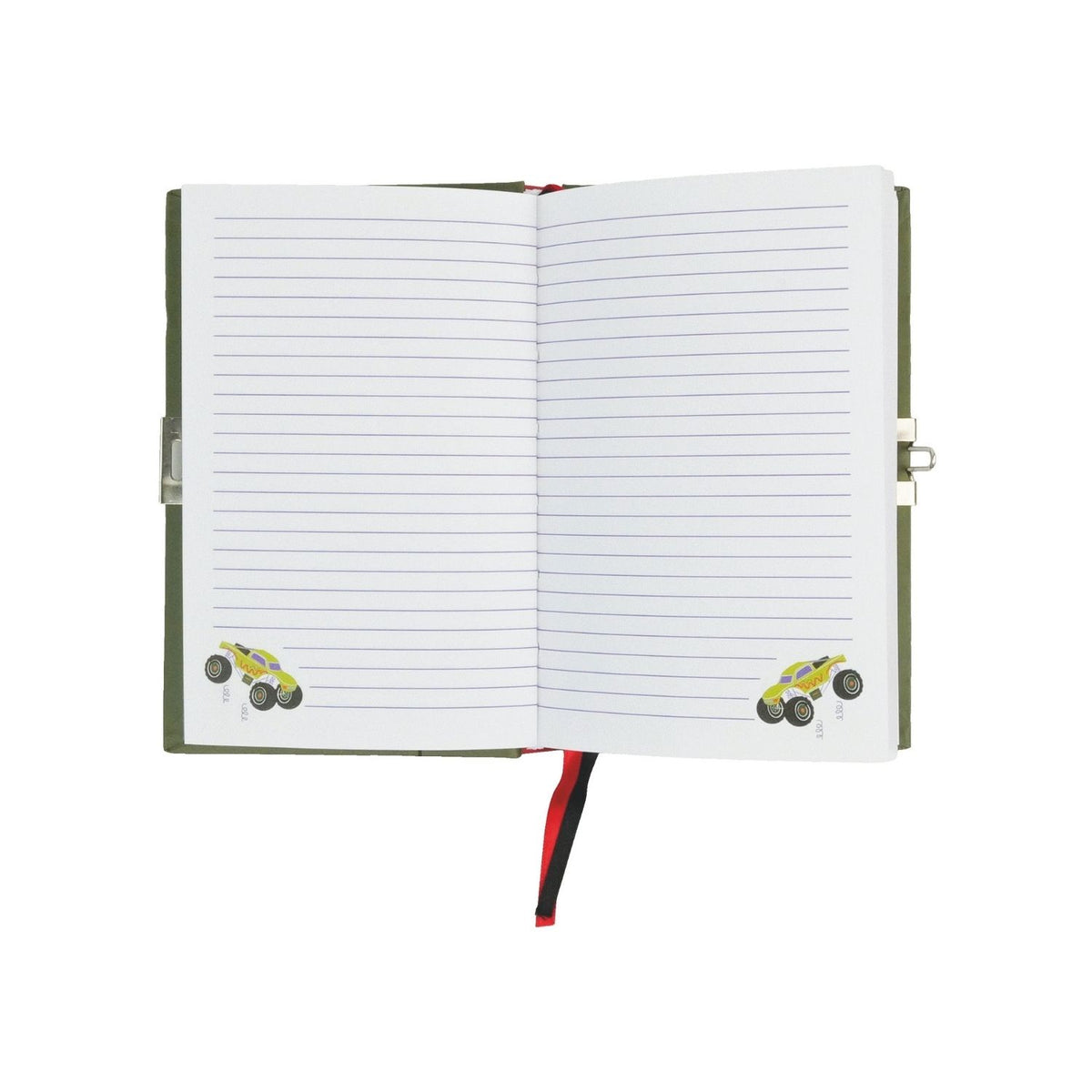 A colorful children's diary titled 'MY SECRET DIARY' with a car theme, including illustrations of racing cars, a padlock, and a sticker sheet. The diary smells of chocolate and has a scratch & sniff cover.