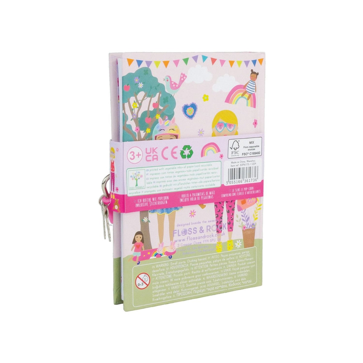 A colorful children's diary titled 'My Scented Secret Diary' with illustrations of dolls and a scratch and sniff cover, accompanied by a padlock and key, and a sticker sheet.