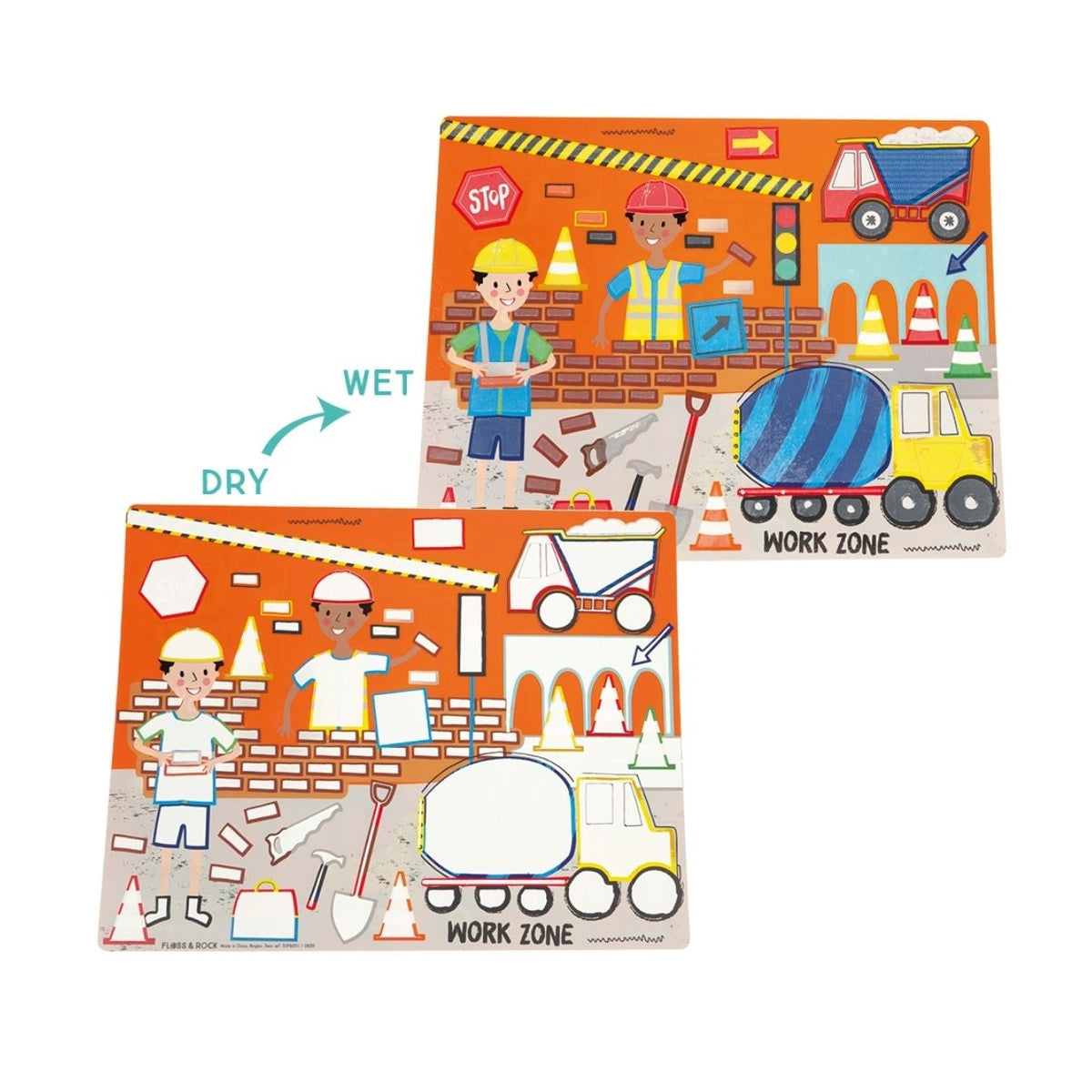 Two construction-themed activity mats with workers and vehicles on an orange background.