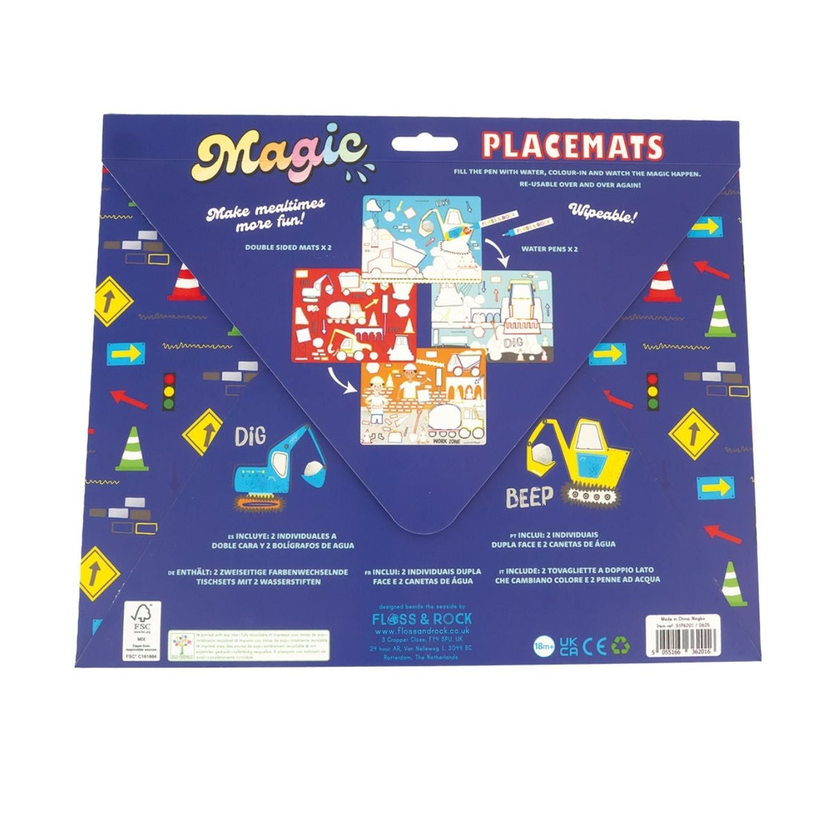 Packaging of Magic placemats with colorful designs on a blue background