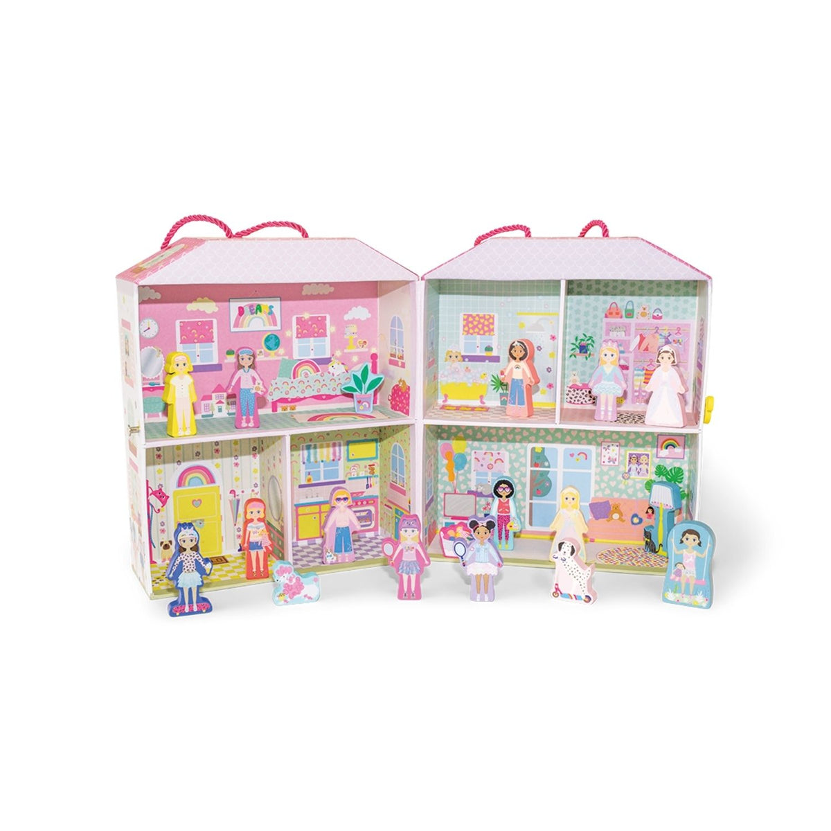 Toy dollhouse with colorful rooms and miniature figures on a white background