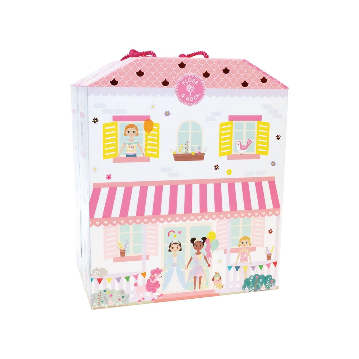 Decorative gift bag with cartoon characters and a pink roof on a white background