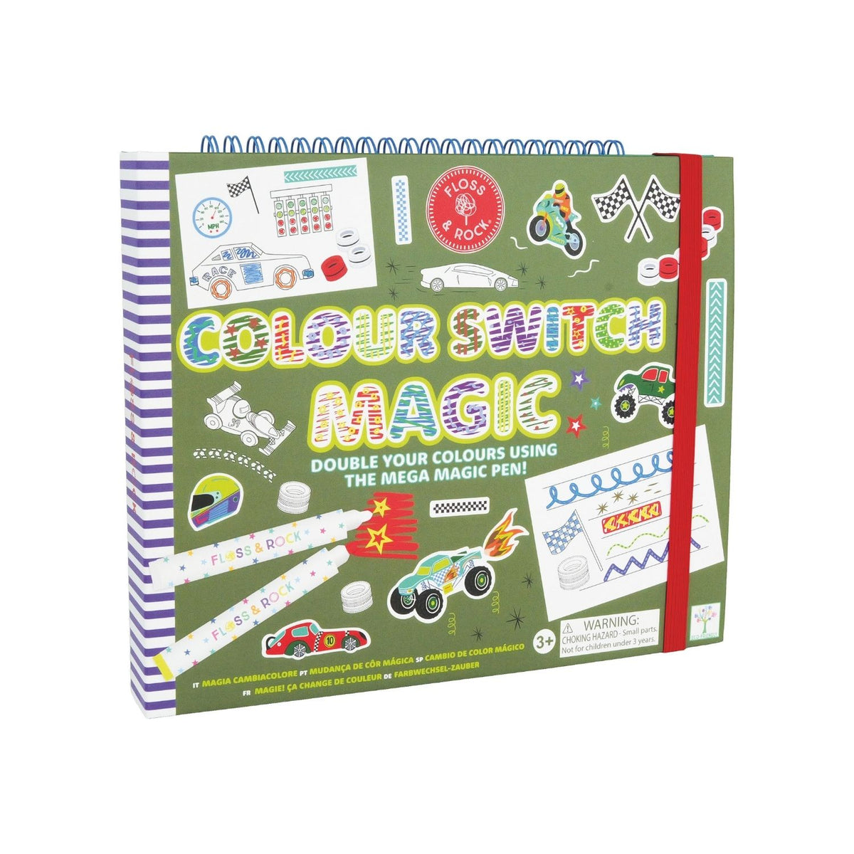 A colorful package containing art supplies including a magic white pen, colored pens, doodle pages, color-in pages, lined pages, and sticker pages, themed around cars.