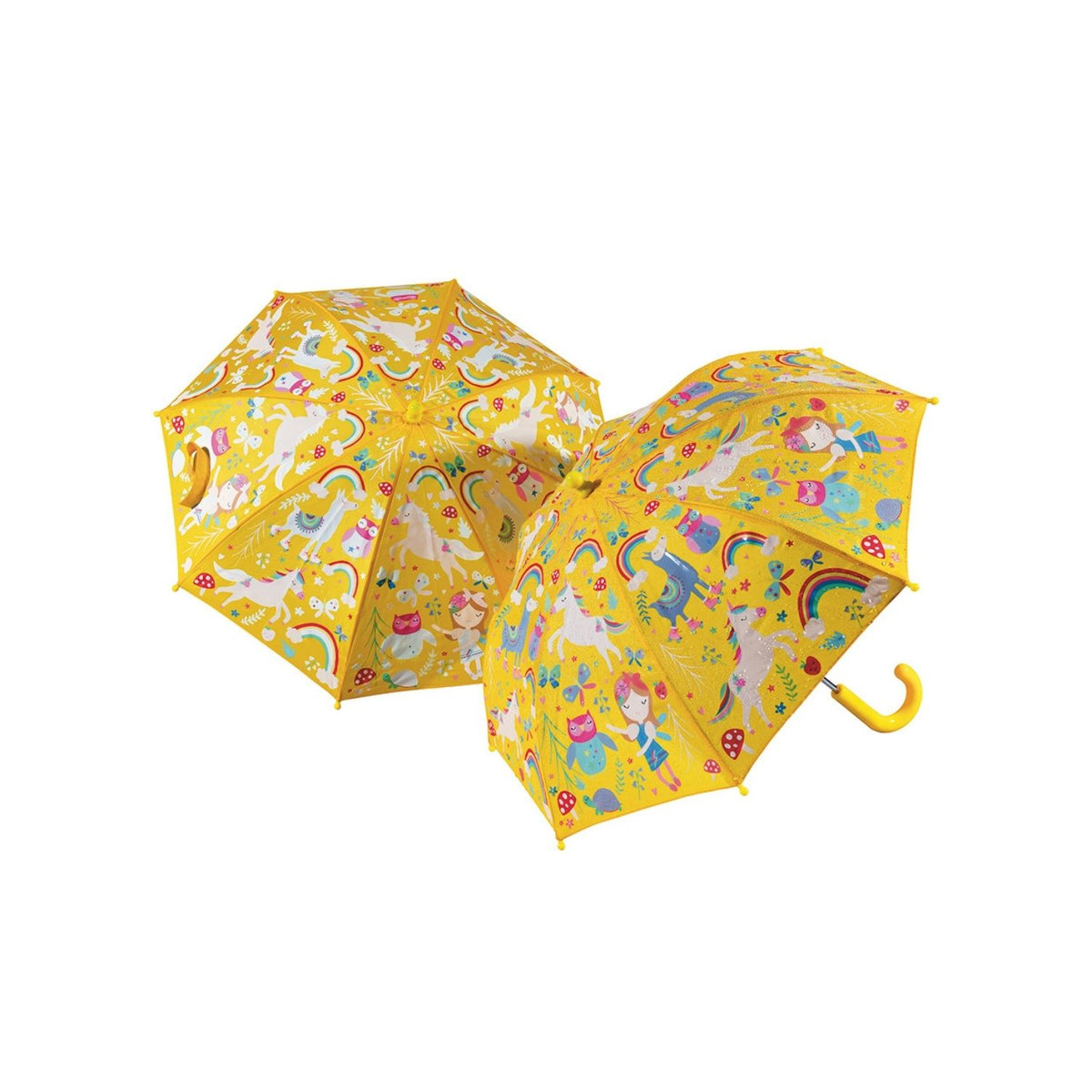 A colorful children's umbrella with a pattern of unicorns, rainbows, fairies, and llamas. The umbrella is shown both open and closed, with a yellow handle and multicolored panels.