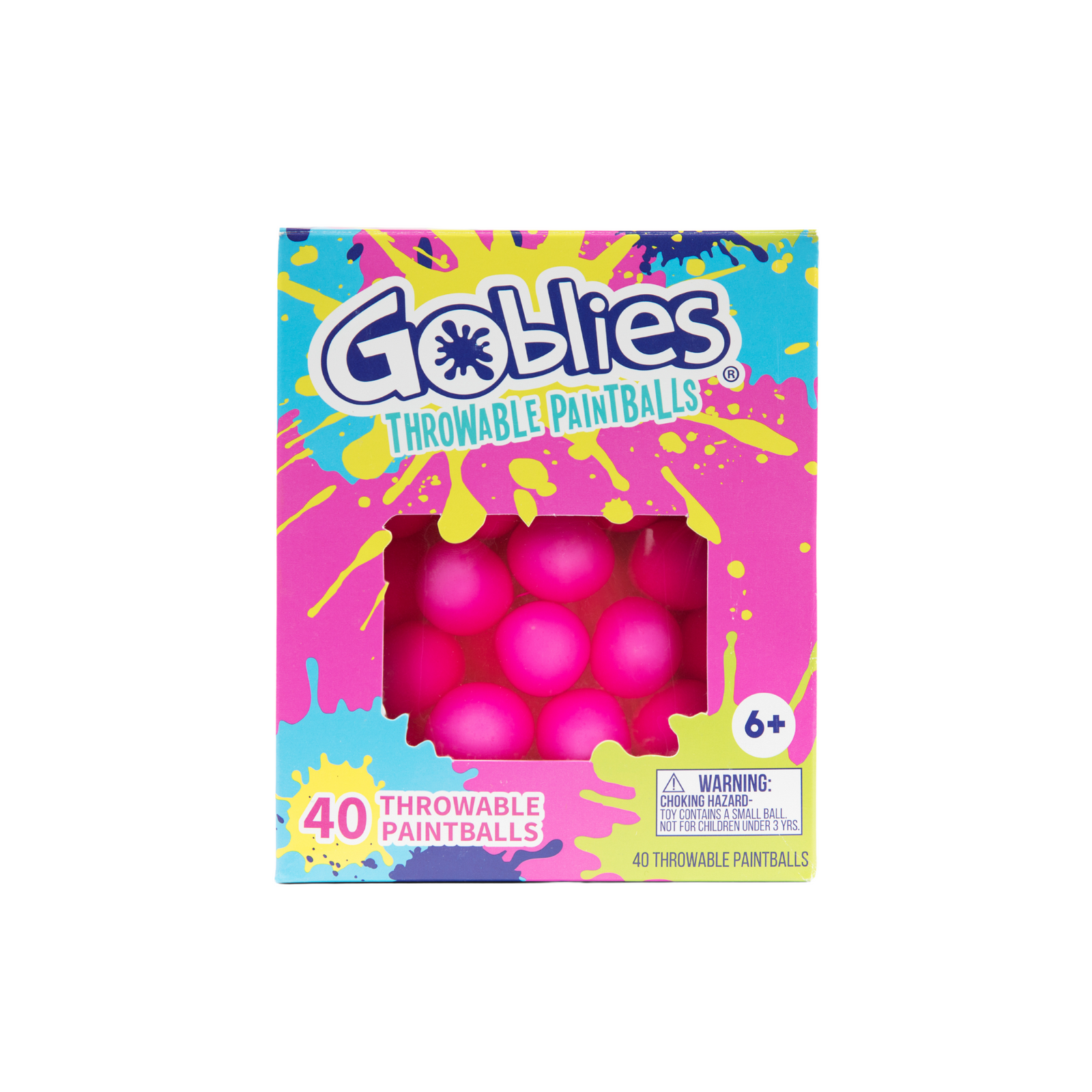 A package of Goblies Throwable Paintballs in pink color, with the product visible through a window on the box. The packaging is vibrant with splashes of pink and yellow, and text indicates the product is suitable for ages 6 and up, and includes 40 paintballs.