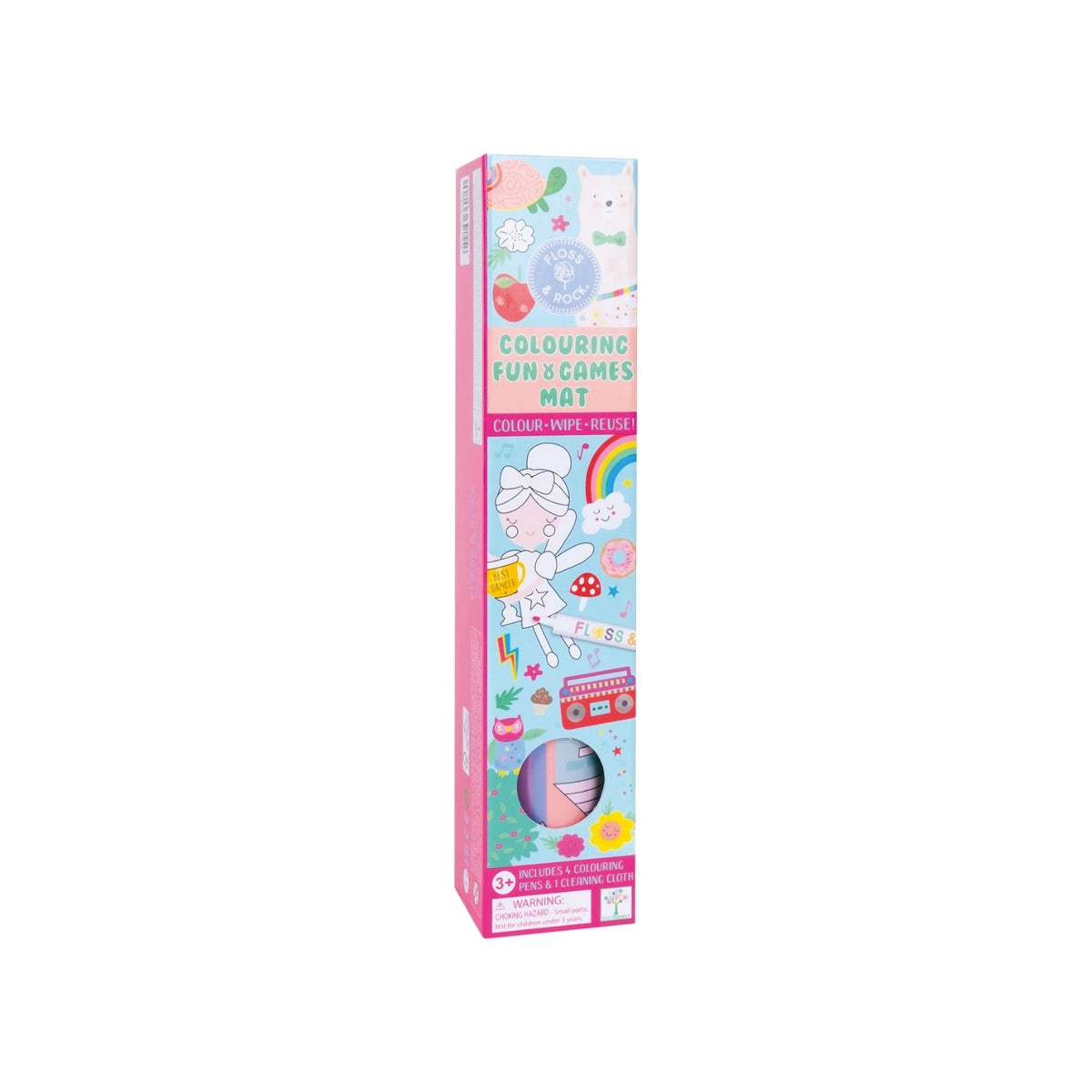 Packaging of a Colouring Fun & Games Mat with a Rainbow Fairy theme, including illustrations of fairies and animals. The mat is designed for coloring and includes dry wipe pens and a cleaning cloth.