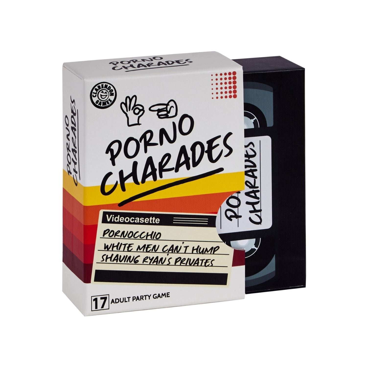 Box for 'Porno Charades' game with retro design elements.