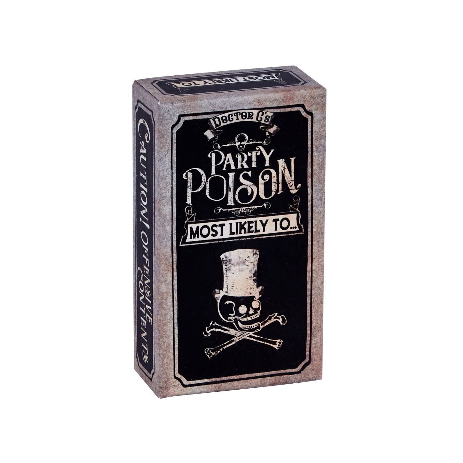 Card game box titled 'Party Poison Most Likely To' with skull and crossbones design 