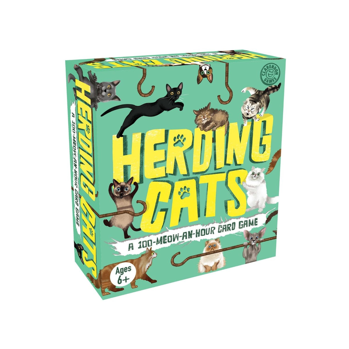 The Herding Cats party game box displayed on a flat surface, showcasing its vibrant, feline-themed branding and energetic layout